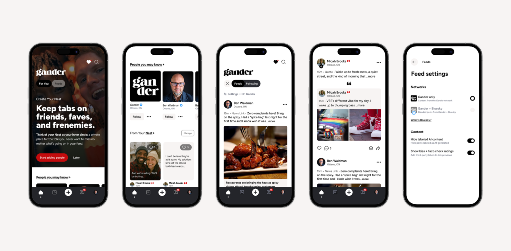 Cinq écrans mobiles côte à côte de l’app Gander montrant l’expérience utilisateur : un écran d’accueil « Pour toi » invitant à créer un Nest personnalisé, une section « Personnes que tu pourrais connaître » avec des suggestions à suivre, un fil principal avec un переключeur entre Feeds et Abonnements, des publications avec images et mise en forme en citation, ainsi que des paramètres de fil permettant de contrôler les réseaux et les préférences de contenu.