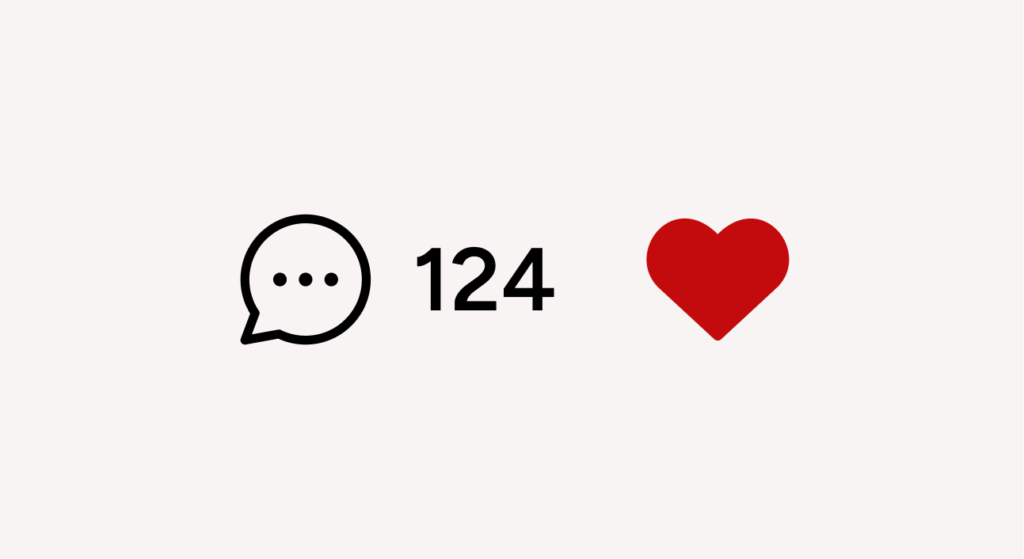 Une icône de bulle de conversation, le nombre 124 et une icône de cœur rouge, illustrant un virage des comptes de mentions J’aime vers les conversations et les interactions plus significatives.