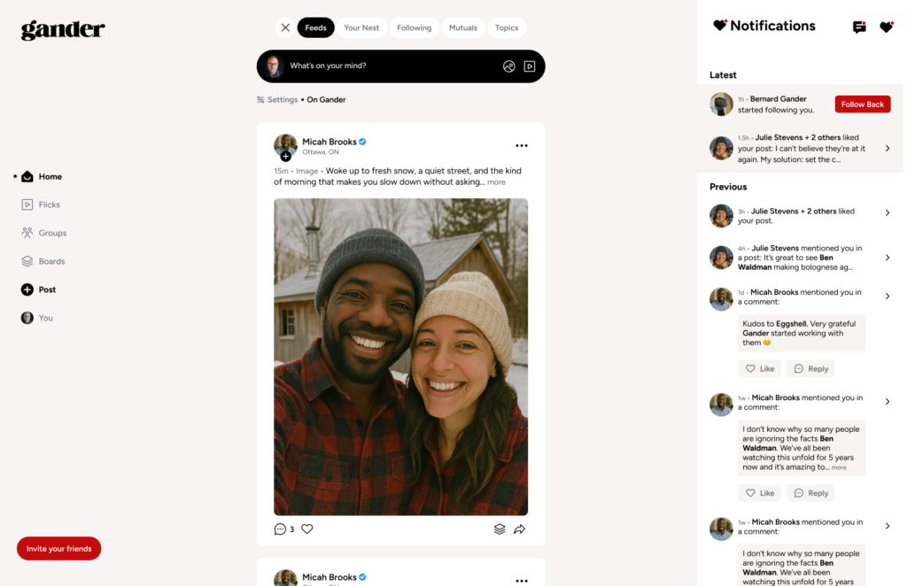 Version web de l’app Gander montrant une interface desktop : un menu de navigation à gauche, un fil central avec des publications et des images, et un panneau de notifications à droite affichant l’activité comme les abonnements, les likes et les mentions.