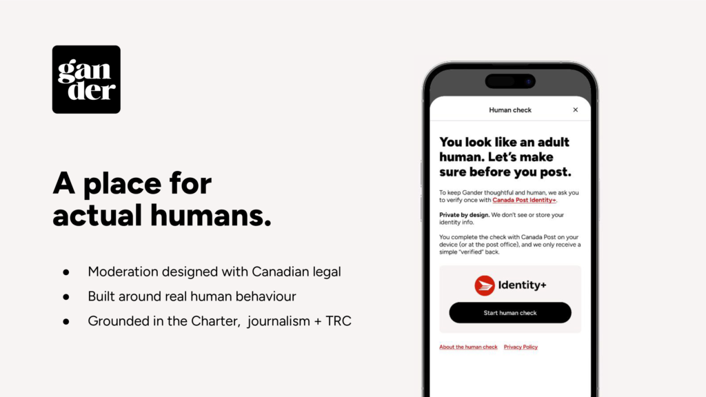 Gander app screen showing “A place for actual humans” and a Human Check prompt verifying adult users via Canada Post Identity+ before posting.
