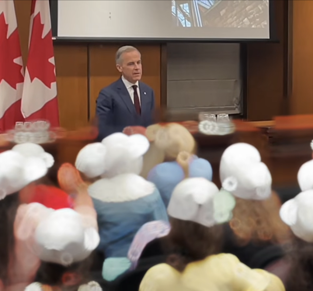 Une personne s'adresse à un auditoire dans une salle de conférence, avec des drapeaux du Canada à l'arrière-plan et des participants assis au premier plan.
