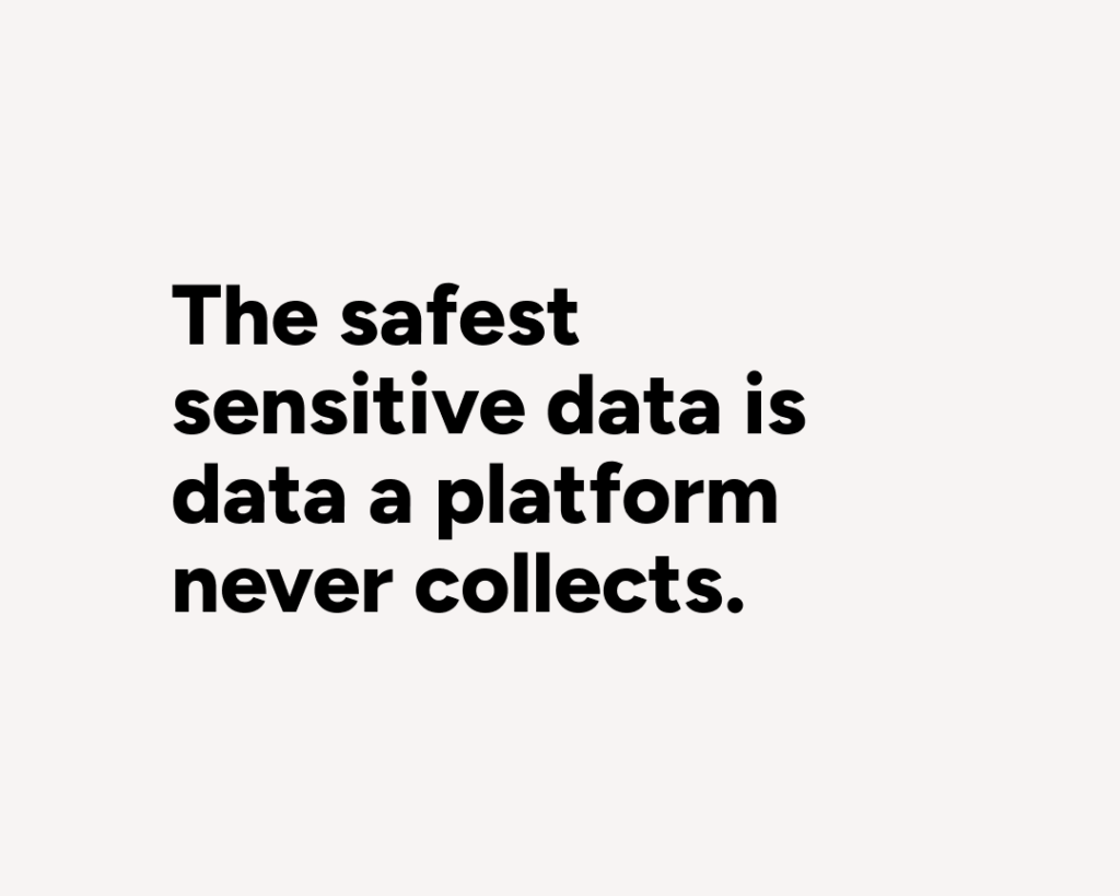 Minimalist editorial-style graphic featuring the statement “The safest sensitive data is data a platform never collects.” in bold black typography on a light grey background with generous white space.
