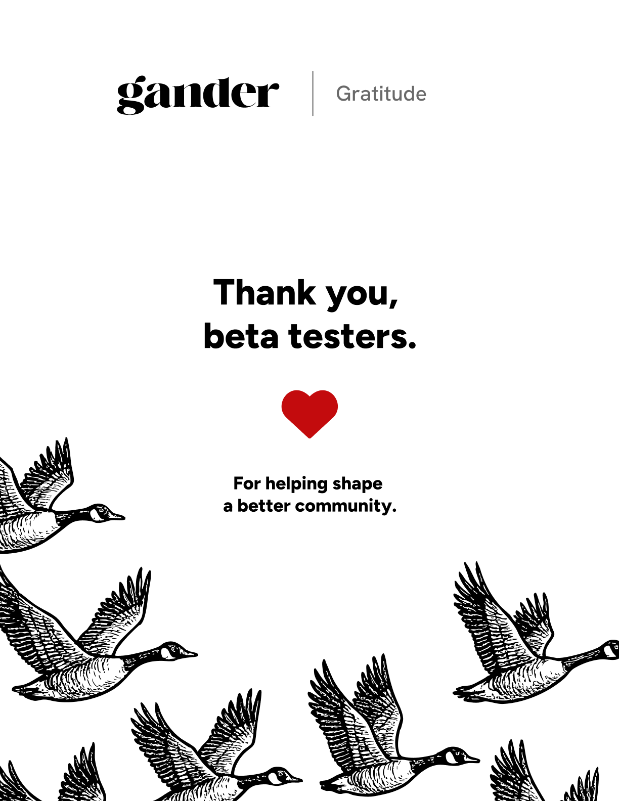 Minimalist gratitude graphic for Gander featuring the Gander logo and the word “Gratitude” at the top, large centered text reading “Thank you, beta testers.” with a red heart icon beneath it, followed by the line “For helping shape a better community.” Black-and-white illustrated Canada geese fly along the bottom and sides of the composition on a light grey background.
