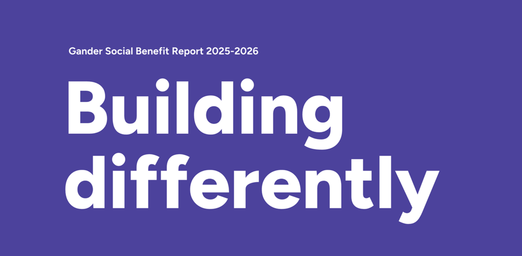 Graphic featuring the covers of Gander Social’s 2025–2026 Benefit Report in English and French, with the phrases “Building differently” and “Bâtir autrement” in large white type on a purple background.